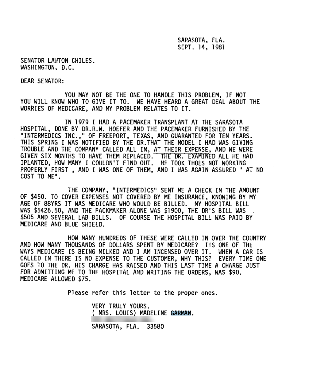 Letter Alerting Senate to Medicare Fraud